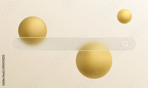 Glassmorphism search bar with gold spheres on beige background for web interface design