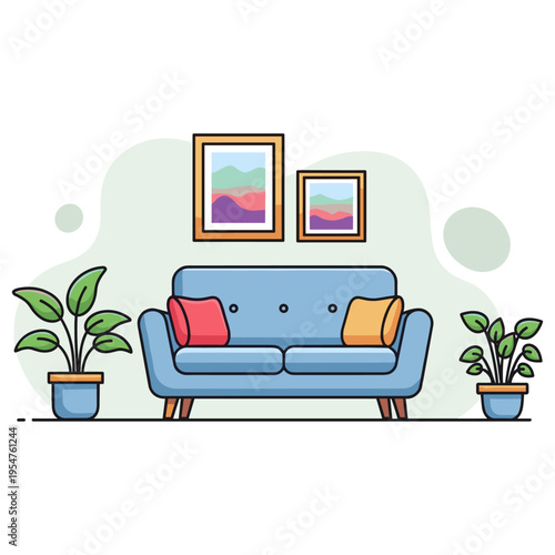 Sofa with colorful cushions flanked by potted plants indoors. non editable strokes