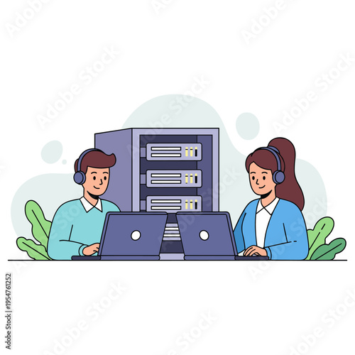 It support specialists working with server racks in office. non editable strokes