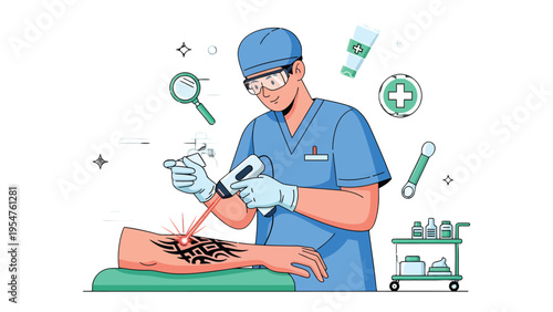 Tattoo Removal with Laser: A medical professional employs a laser to meticulously remove a tattoo, surrounded by tools symbolizing the precision and expertise involved. 