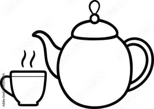teapot with steam and a matching teacup.