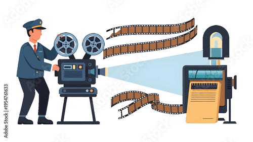 Behind the Scenes: A figure operates a vintage film projector, bringing the art of cinema to life, symbolizing the magic of movies. 
