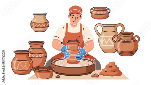 Crafting Clay: An artisan engrossed in the ancient art of pottery, expertly shaping clay into a beautiful vessel on a spinning wheel. Embracing the patience and creativity of hands-on artistry