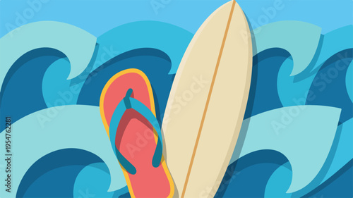 Surfboard and flip flops on ocean waves summer vacation and beach relaxation concept