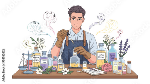 The Artisan's Craft: An artisan masterfully crafts fragrances, surrounded by an array of essential oils, blending science and art in a display of meticulous care.