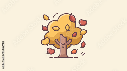 Autumn tree with falling leaves on beige background symbolizing seasonal change and nature's cycle
