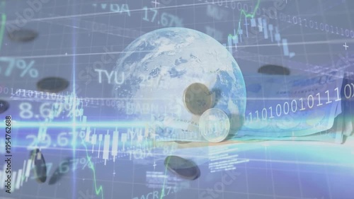 Animation of globe, binary coding and data processing over money