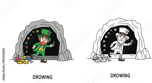 St. Patrick's Day Leprechaun in a Treasure Cave with Gold Coins and Gems, Coloring Book Page and Colored Vector Illustration Set, Irish Folklore Character Cartoon for Kids Activity Design.