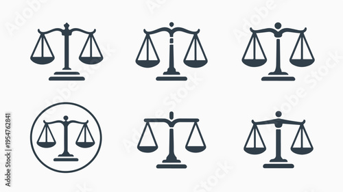 Set of balance scales icons in black on white background for law justice and equality concepts