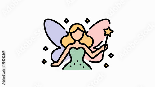 Whimsical fairy with magical wand and colorful wings in green dress surrounded by sparkles