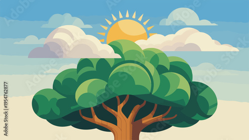 Large green tree with brown trunk under sunny blue sky with white clouds