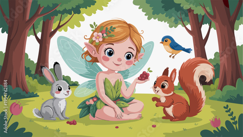 Whimsical fairy with bunny squirrel and bird in enchanted forest clearing with flowers and trees