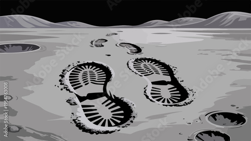 Moon surface with deep boot footprints in gray dusty terrain black sky and mountains in background space exploration concept