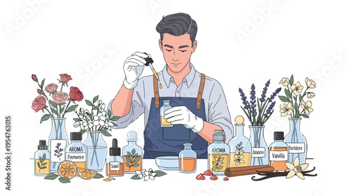 Artisan Crafting Aromas: A skilled artisan meticulously blends essential oils, surrounded by a vibrant array of floral and botanical ingredients, crafting a symphony of scents.