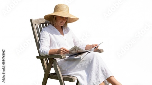  Woman in a white summer dress and wearing a hat sitting in a garden chair in the sun and reading a magazine, isolated on white background