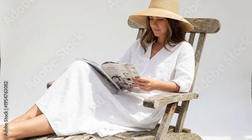  Woman in a white summer dress and wearing a hat sitting in a garden chair in the sun and reading a magazine, isolated on white background
