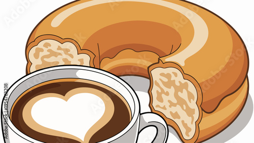 A delicious glazed donut with a bite taken paired with a heart design latte in a white mug on a plain white background perfect for breakfast or snack time