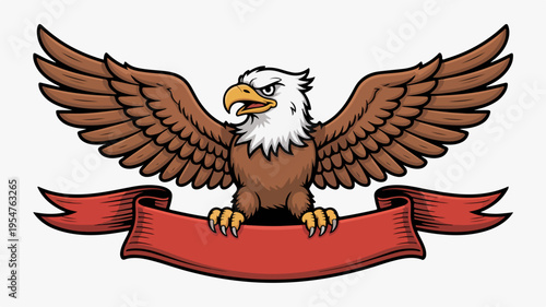 American bald eagle with spread wings on red ribbon banner symbolizing freedom and strength