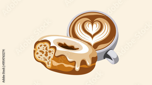 Delicious donut with chocolate frosting and a cup of coffee with heart design on top breakfast treat
