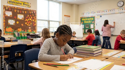 Young girl drawing in classroom during back to school season