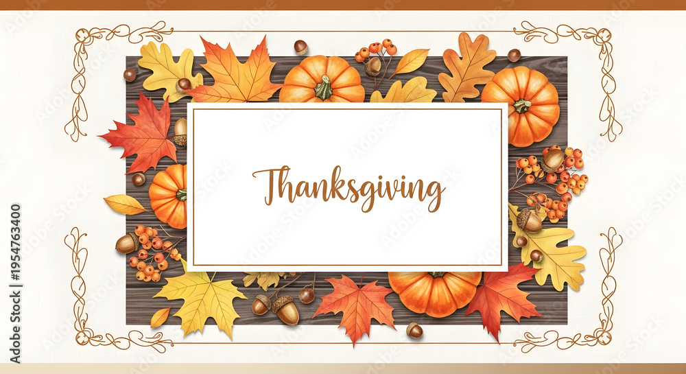 Fototapeta premium A festive thanksgiving greeting card design featuring pumpkins and autumn leaves on wooden boards