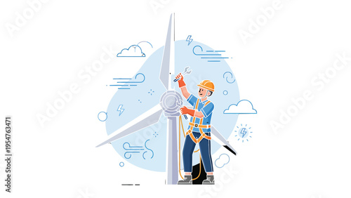 Wind Turbine Technician at Work: An illustrative representation of a technician meticulously working on a towering wind turbine.