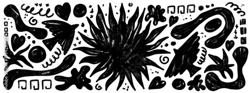 Bird and sun charcoal set with heavy linocut texture and folk shapes. Rough crayon bird and sun in naive gritty black on white. Decorative vector banner for print collage and handmade design.