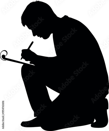 Person Silhouette Writing On Paper With Pen In Thoughtful Pose