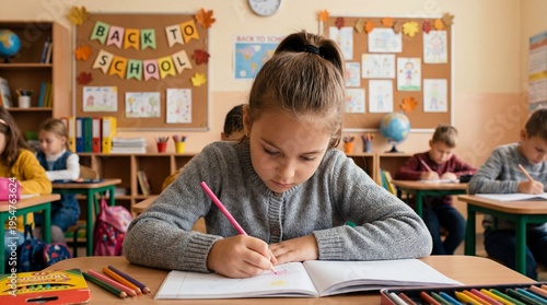 Young girl drawing in classroom during back to school season