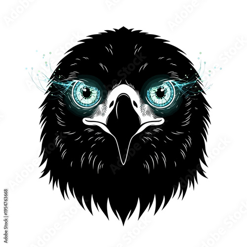 Cybernetic Eagle Head with Glowing Blue Eyes and Digital Sparks