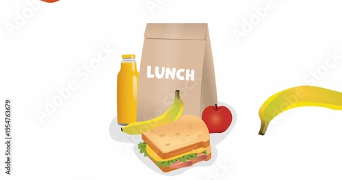 Animation of falling bananas over lunch text on paper bag with fruits, drink and sandwich