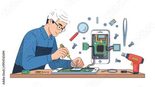 Tech Repair Wizard: An expert tech repair specialist meticulously examines a phone's intricate components, surrounded by precision tools, illuminating the complexities of modern technology.