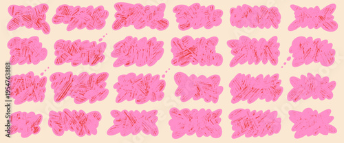 Pink fluffy shapes for text. Crayon girly frame with label bubble speech. Scallop promo sticker with scribble, doodle kid set. Hand-drawn clouds with pencil chalk textured frames. Vector fluffy label.