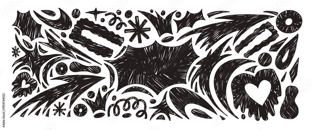 Fototapeta premium Bang text box and charcoal abstract geometric shapes background set. Geometry and organic freeform abstract naive hand drawn doodle figures. Linocut stars, arrows, heart shape. Vector illustration.
