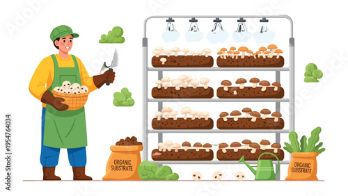 Mushroom Farm Harvest: A dedicated individual cultivates organic mushrooms within a modern, indoor farming environment, embodying the essence of sustainable agriculture and fresh produce.