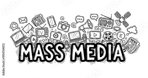 Mass media doodle icons: television, internet, radio, and news elements