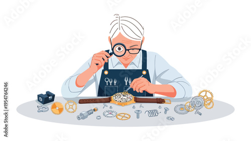 Artisan's Precision: A skilled artisan meticulously works on a watch with delicate tools, using a magnifying glass to ensure precision, showcasing the art of horology and intricate craftsmanship.
