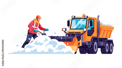 Winter's Guardian: A snowplow truck and dedicated worker battle against winter's embrace, clearing the path with determination and precision, creating a safe passage during a snowy day.