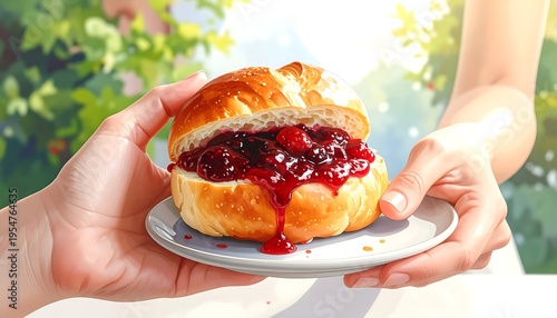 Close-up of hands serving a freshly baked roll filled with a rich, vibrant red fruit compote on a small white plate