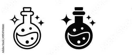 Magic potion bottle icon set, outline, glyph, and hand-drawn elixir flask symbols with sparkling effects on a white background, vector illustrations for fantasy, game, and magical design projects.