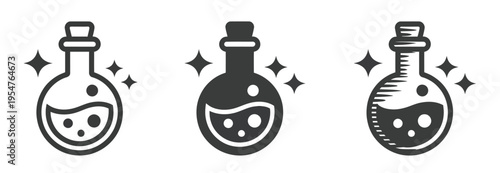 Magic potion bottle icon set, flat, solid, and doodle-style elixir flask icons with sparkles, isolated on white background for wizardry, RPG, and mystical themed creative designs.
