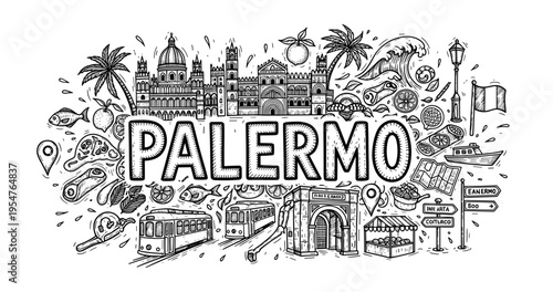 Palermo sketch: iconic architecture, culture, and landmarks in detailed illustration