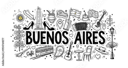 Buenos aires doodle art with landmarks and cultural icons