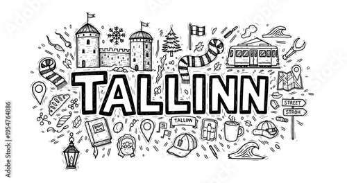 Doodle art of tallinn landmarks and icons with winter elements