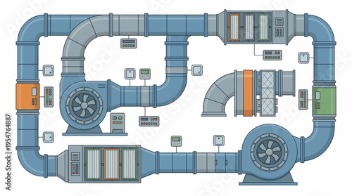 Industrial pipeline system with fans and vents.