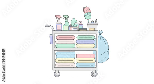 Colorful cleaning cart with supplies.