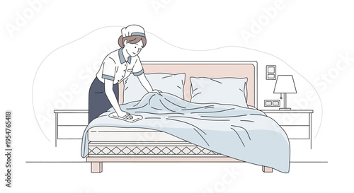 Woman making a bed with sheets.