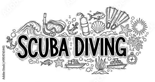Scuba diving equipment and marine life illustrations in black and white