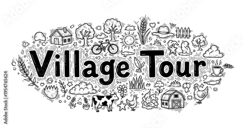 Charming village tour: rural life and nature doodles collection