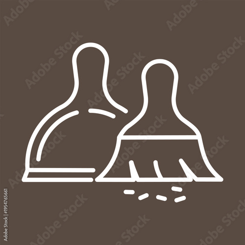 Broom and dustpan line icon isolated on grey background with editable stroke. Home cleaning symbol in minimal style. Clean vector icon for household, hygiene, sanitation, equipment, maintenance